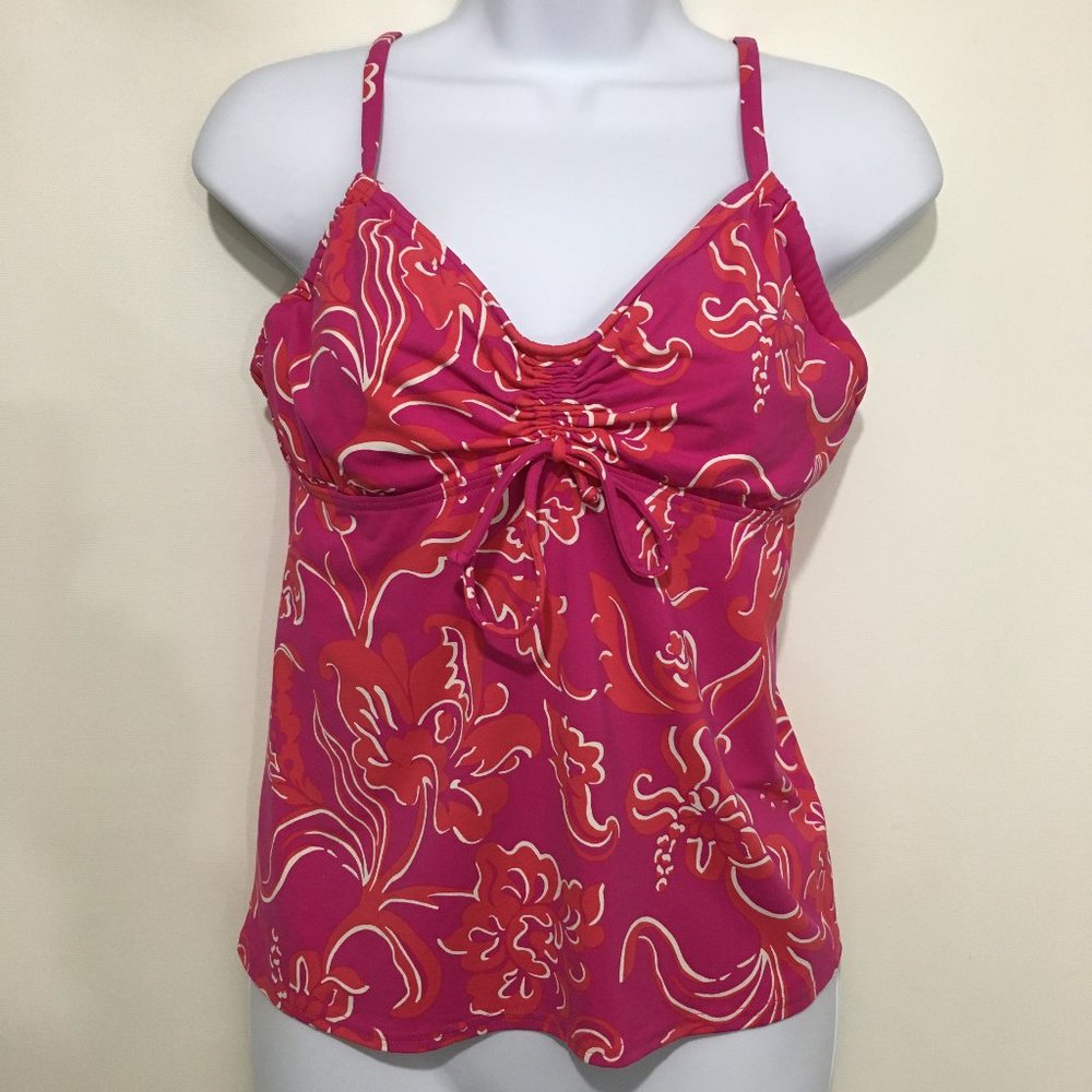 Lands End 8 Red Pink Floral Tankini Top Built-in Underwire Bra